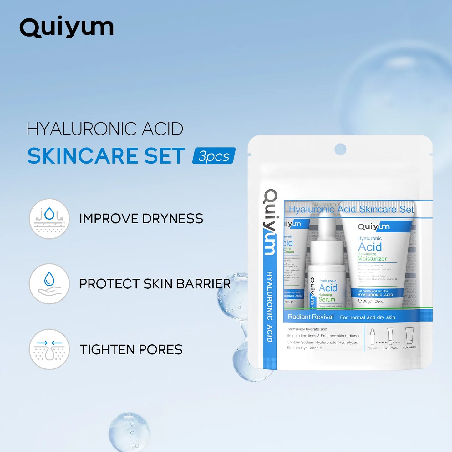 QUIYUM Hyaluronic Acid Three-piece Skincare Set, Hydrating and Moisturizing skincare Essence Eye Cream