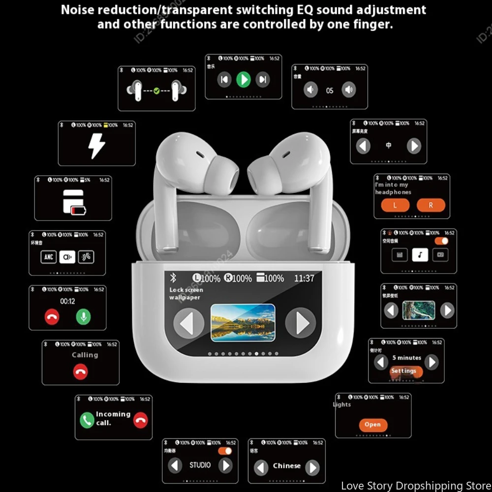 LCD Screen Earphones ANC True Wireless Earbuds Bluetooth TWS In-Ear Headphones HiFi Stereo Sport Headsets With Mic