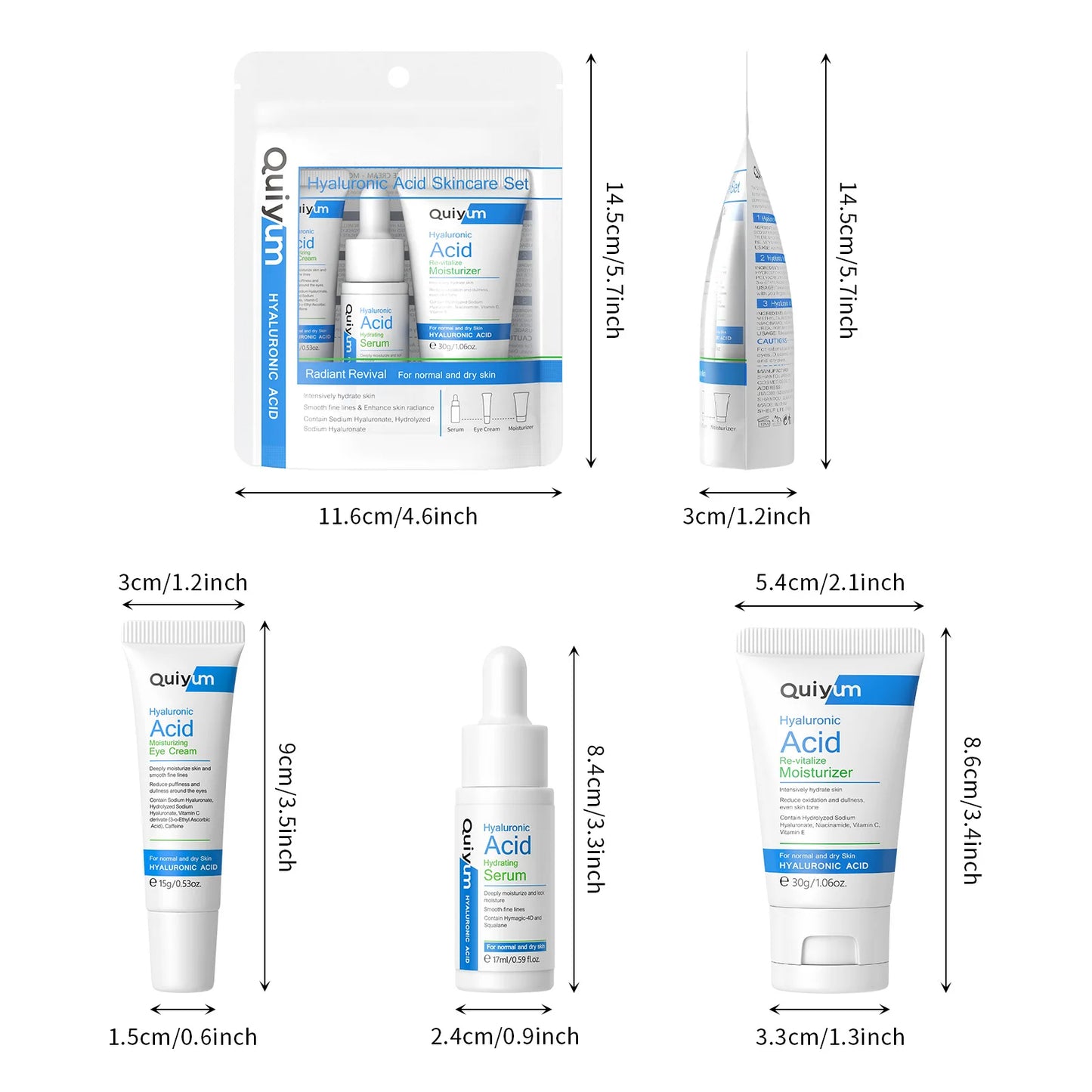 QUIYUM Hyaluronic Acid Three-piece Skincare Set, Hydrating and Moisturizing skincare Essence Eye Cream