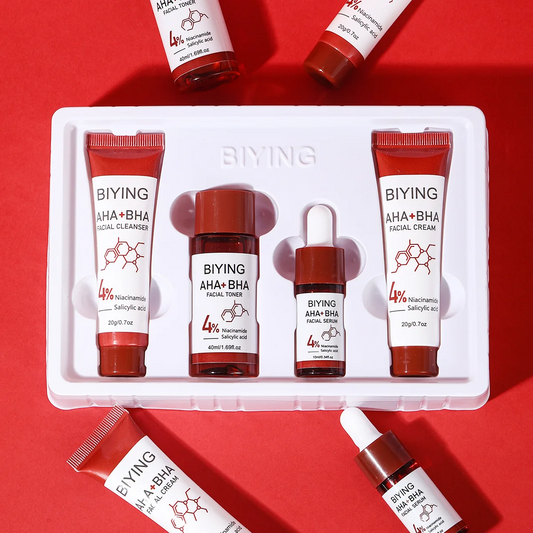 AHA+BHA Series Skin Care Set 4pcs Facial Toner Serum Cream Foam Cleanser Beauty Essentials Korean Beauty