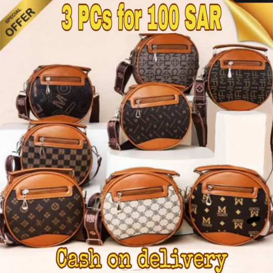 Collection of patterned handbags with promotional text on a white background